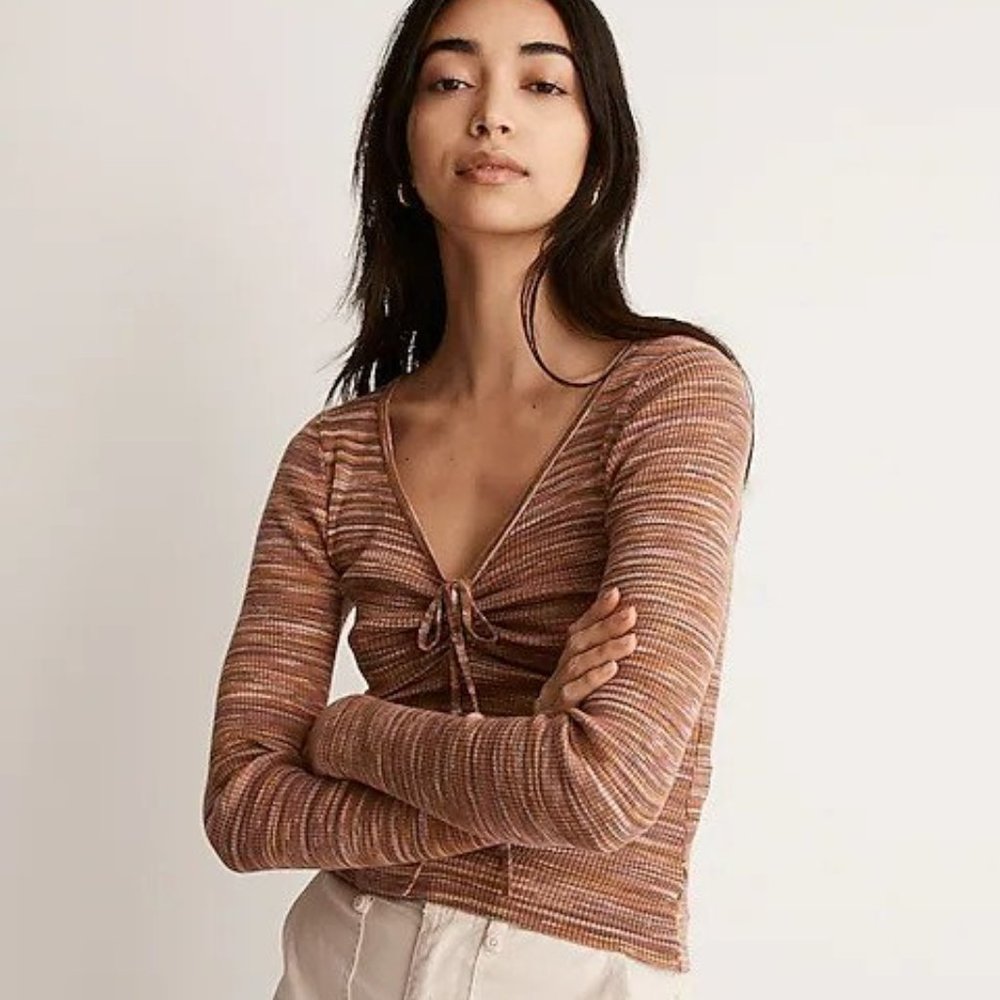 NWOT Space-Dyed V-Neck Cinched Sweater